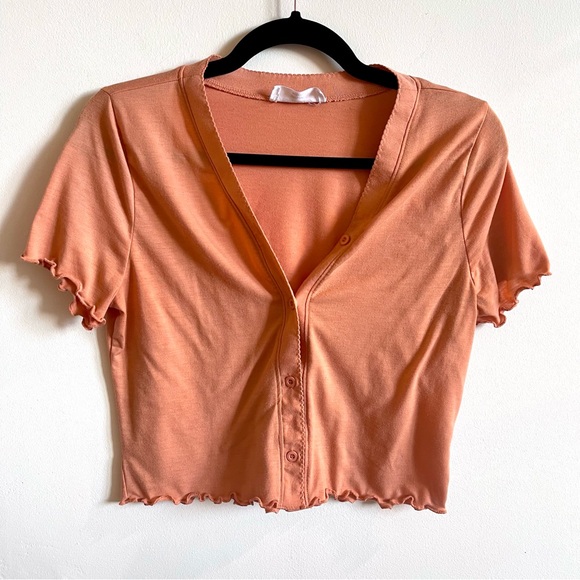 Lettuce Trim Button Crop Top Orange - Picture 2 of 4
